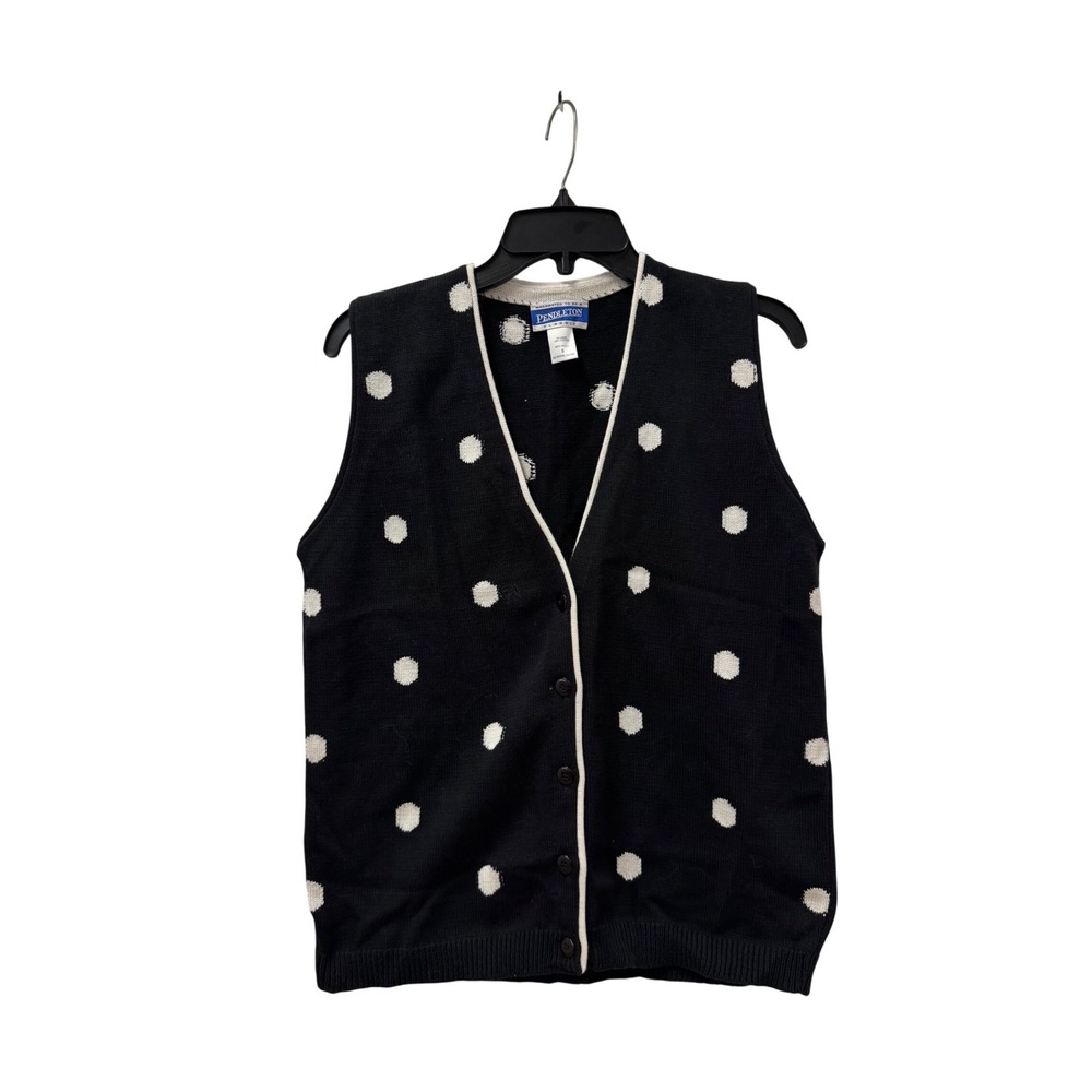 Pendleton Classic Womens Black White Polka Dot Cotton Knit Button Front Vest S